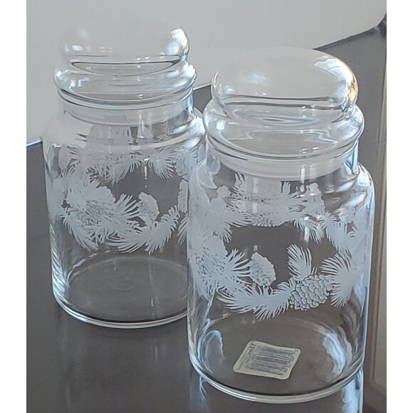 VTG Libbey FROSTED WINTER Pinecones Pine Christmas CANISTER Cookie Candy Jar Set - Picture 3 of 10